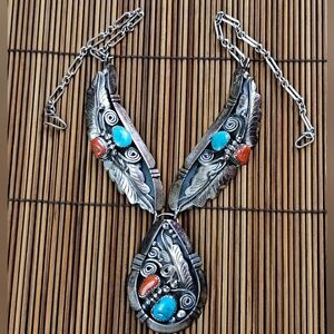 Sterling Silver Navajo Turquoise,Coral Necklace (Vintage)